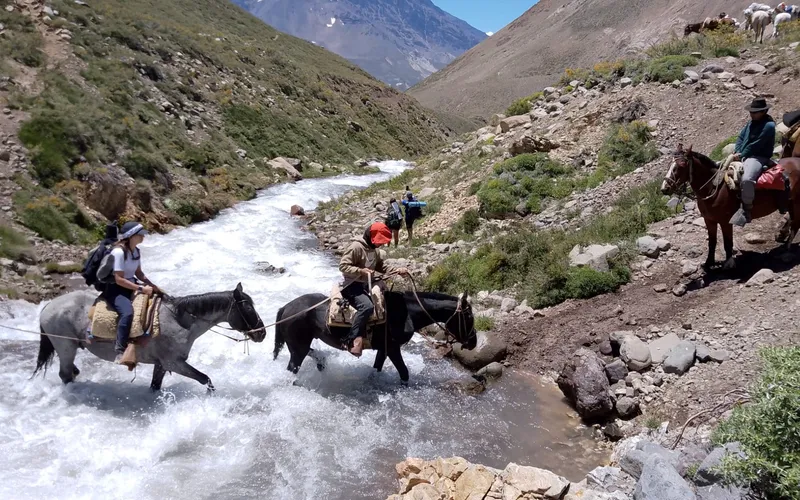 Cruce de río a caballo acompañados por guías en la Cordillera de los Andes